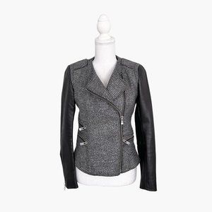 Maje Remeur Moto Jacket Size 38 Medium 6 Silver Wool Tweed Black Leather Biker